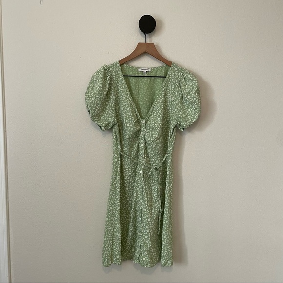 Madewell V-Neck Mini Dress 6 – Green Seedling Tie Back Button Front - Picture 6 of 12